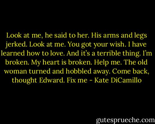 Look at me, he said to her. His arms and legs jerked. Look at me. You got your wish. I have learned how to love. And it’s a terrible thing. I’m broken. My heart is broken. Help me. The old woman turned and hobbled away. Come back, thought Edward. Fix me - Kate DiCamillo