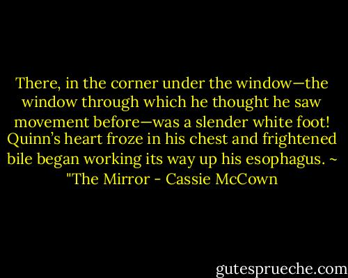There, in the corner under the window—the window through which he thought he saw movement before—was a slender white foot! Quinn’s heart froze in his chest and frightened bile began working its way up his esophagus. ~ "The Mirror - Cassie McCown