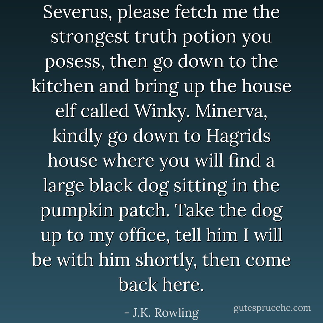 Severus, please fetch me the strongest truth potion you posess, then go down to the kitchen and bring up the house elf called Winky. Minerva, kindly go down to Hagrids house where you will find a large black dog sitting in the pumpkin patch. Take the dog up to my office, tell him I will be with him shortly, then come back here. - J.K. Rowling