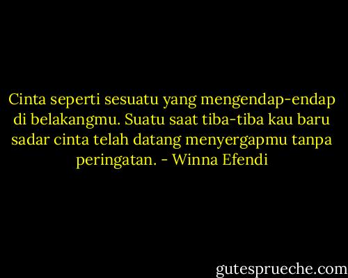 Cinta seperti sesuatu yang mengendap-endap di belakangmu. Suatu saat tiba-tiba kau baru sadar cinta telah datang menyergapmu tanpa peringatan. - Winna Efendi