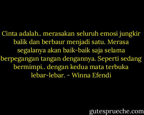 Cinta adalah.. merasakan seluruh emosi jungkir balik dan berbaur menjadi satu. Merasa segalanya akan baik-baik saja selama berpegangan tangan dengannya. Seperti sedang bermimpi.. dengan kedua mata terbuka lebar-lebar. - Winna Efendi