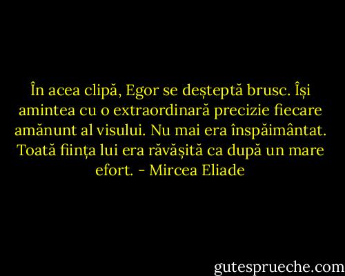În acea clipă, Egor se deșteptă brusc. Își amintea cu o extraordinară precizie fiecare amănunt al visului. Nu mai era înspăimântat. Toată ființa lui era răvășită ca după un mare efort. - Mircea Eliade
