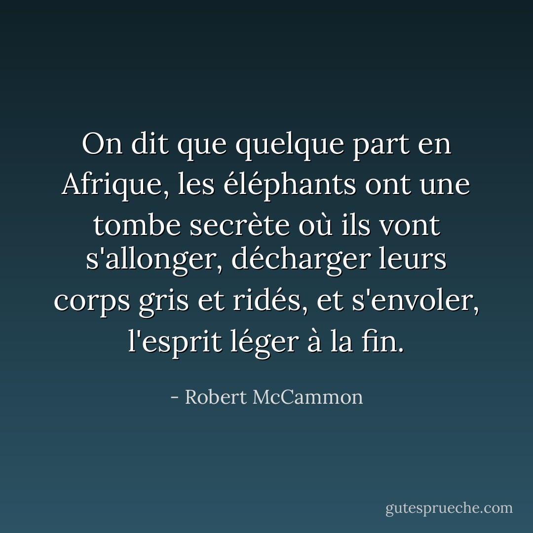 On dit que quelque part en Afrique, les éléphants ont une tombe secrète où ils vont s'allonger, décharger leurs corps gris et ridés, et s'envoler, l'esprit léger à la fin. - Robert McCammon