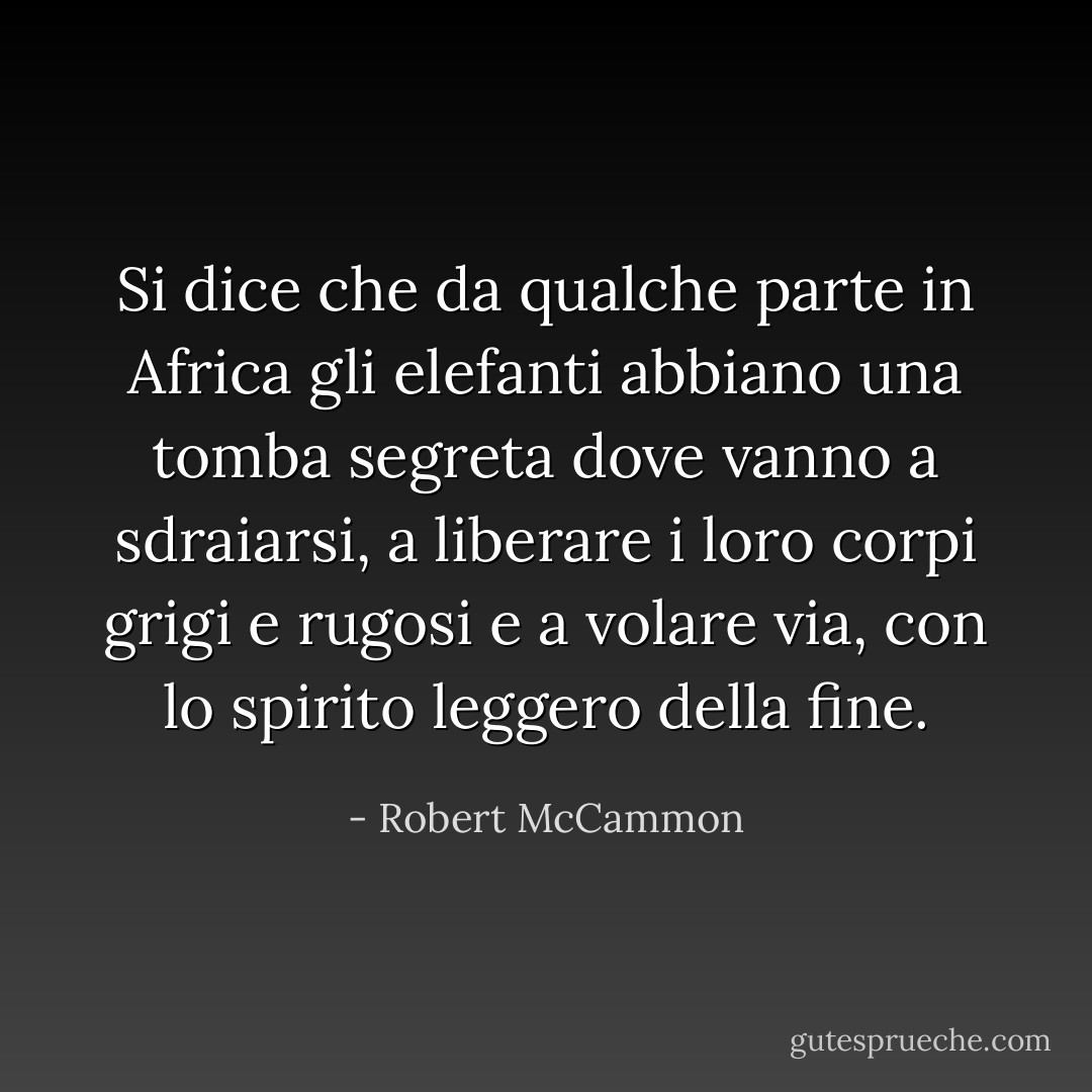 Si dice che da qualche parte in Africa gli elefanti abbiano una tomba segreta dove vanno a sdraiarsi, a liberare i loro corpi grigi e rugosi e a volare via, con lo spirito leggero della fine. - Robert McCammon