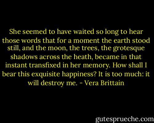 She seemed to have waited so long to hear those words that for a moment the earth stood still, and the moon, the trees, the grotesque shadows across the heath, became in that instant transfixed in her memory. How shall I bear this exquisite happiness? It is too much: it will destroy me. - Vera Brittain