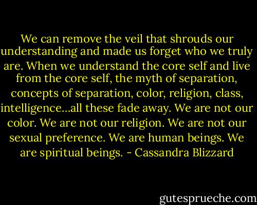 We can remove the veil that shrouds our understanding and made us forget who we truly are. When we understand the core self and live from the core self, the myth of separation, concepts of separation, color, religion, class, intelligence…all these fade away. We are not our color. We are not our religion. We are not our sexual preference. We are human beings. We are spiritual beings. - Cassandra Blizzard