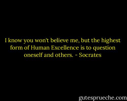 I know you won't believe me, but the highest form of Human Excellence is to question oneself and others. - Socrates
