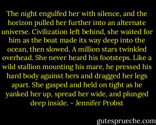 The night engulfed her with silence, and the horizon pulled her further into an alternate universe. Civilization left behind, she waited for him as the boat made its way deep into the ocean, then slowed. A million stars twinkled overhead.<br />She never heard his footsteps.<br />Like a wild stallion mounting his mare, he pressed his hard body against hers and dragged her legs apart. She gasped and held on tight as he yanked her up, spread her wide, and plunged deep inside. - Jennifer Probst