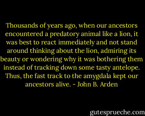 Thousands of years ago, when our ancestors encountered a predatory animal like a lion, it was best to react immediately and not stand around thinking about the lion, admiring its beauty or wondering why it was bothering them instead of tracking down some tasty antelope. Thus, the fast track to the amygdala kept our ancestors alive. - John B. Arden