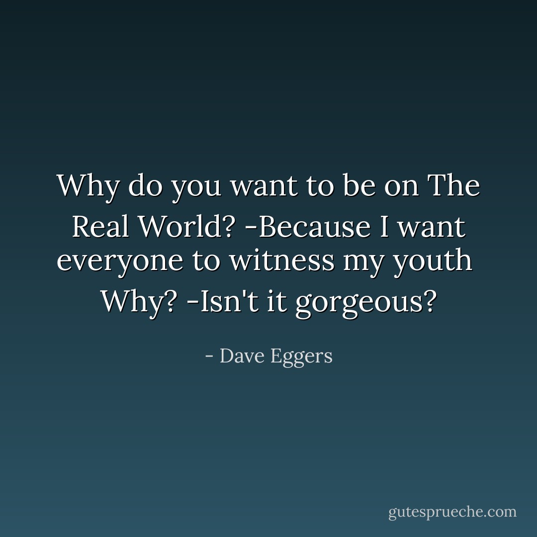 Why do you want to be on The Real World?<br />-Because I want everyone to witness my youth<br /><br />Why?<br />-Isn't it gorgeous? - Dave Eggers
