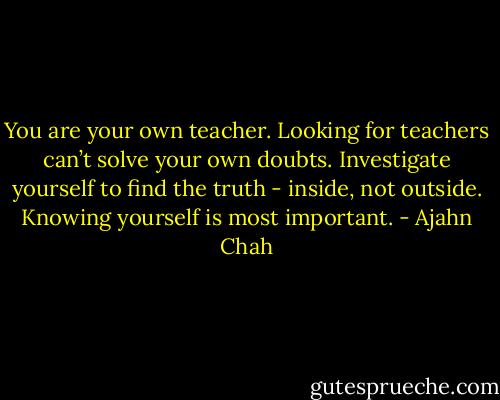 You are your own teacher. Looking for teachers can’t solve your own doubts. Investigate yourself to find the truth - inside, not outside. Knowing yourself is most important. - Ajahn Chah