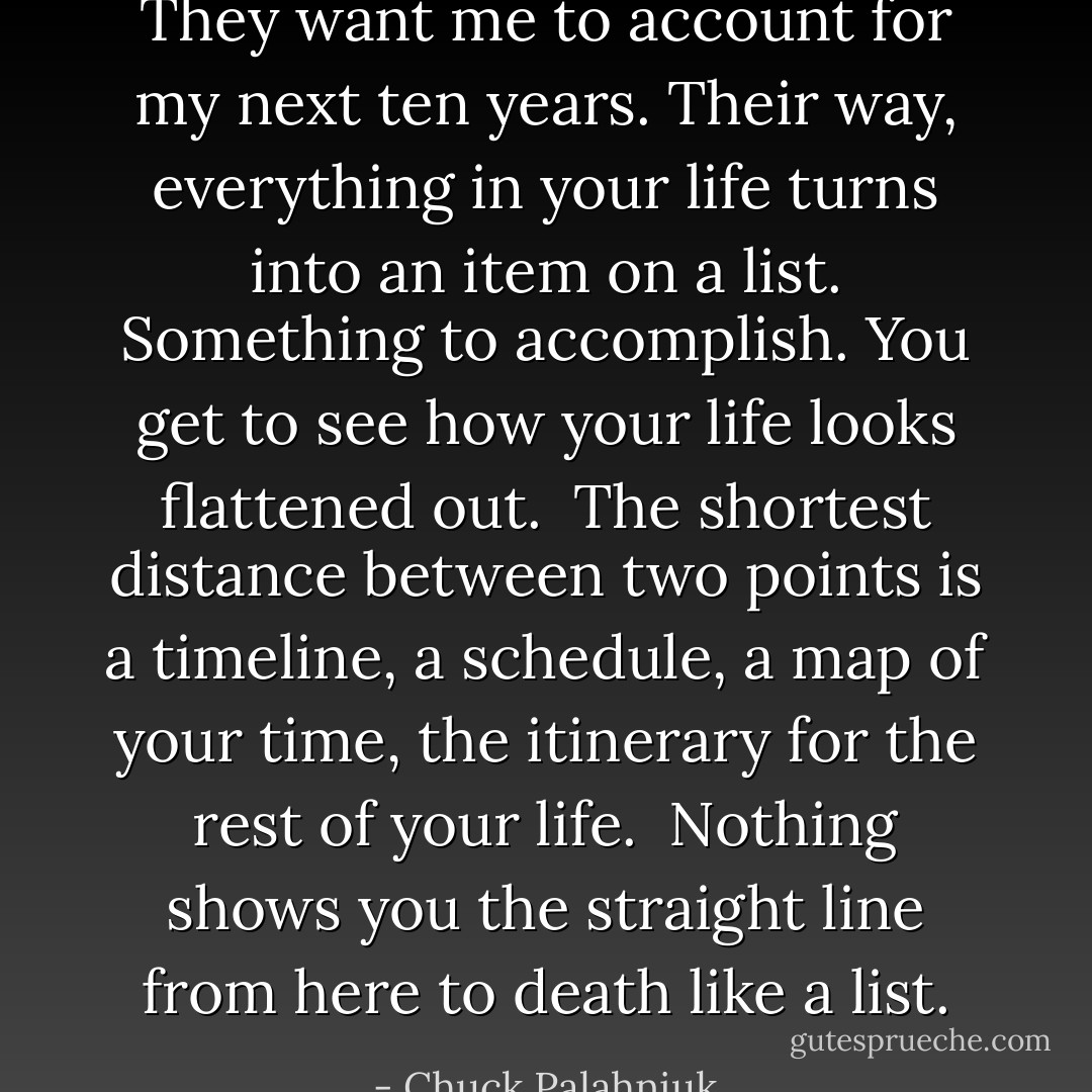 They want me to account for my next ten years. Their way, everything in your life turns into an item on a list. Something to accomplish. You get to see how your life looks flattened out.<br /><br />The shortest distance between two points is a timeline, a schedule, a map of your time, the itinerary for the rest of your life.<br /><br />Nothing shows you the straight line from here to death like a list. - Chuck Palahniuk