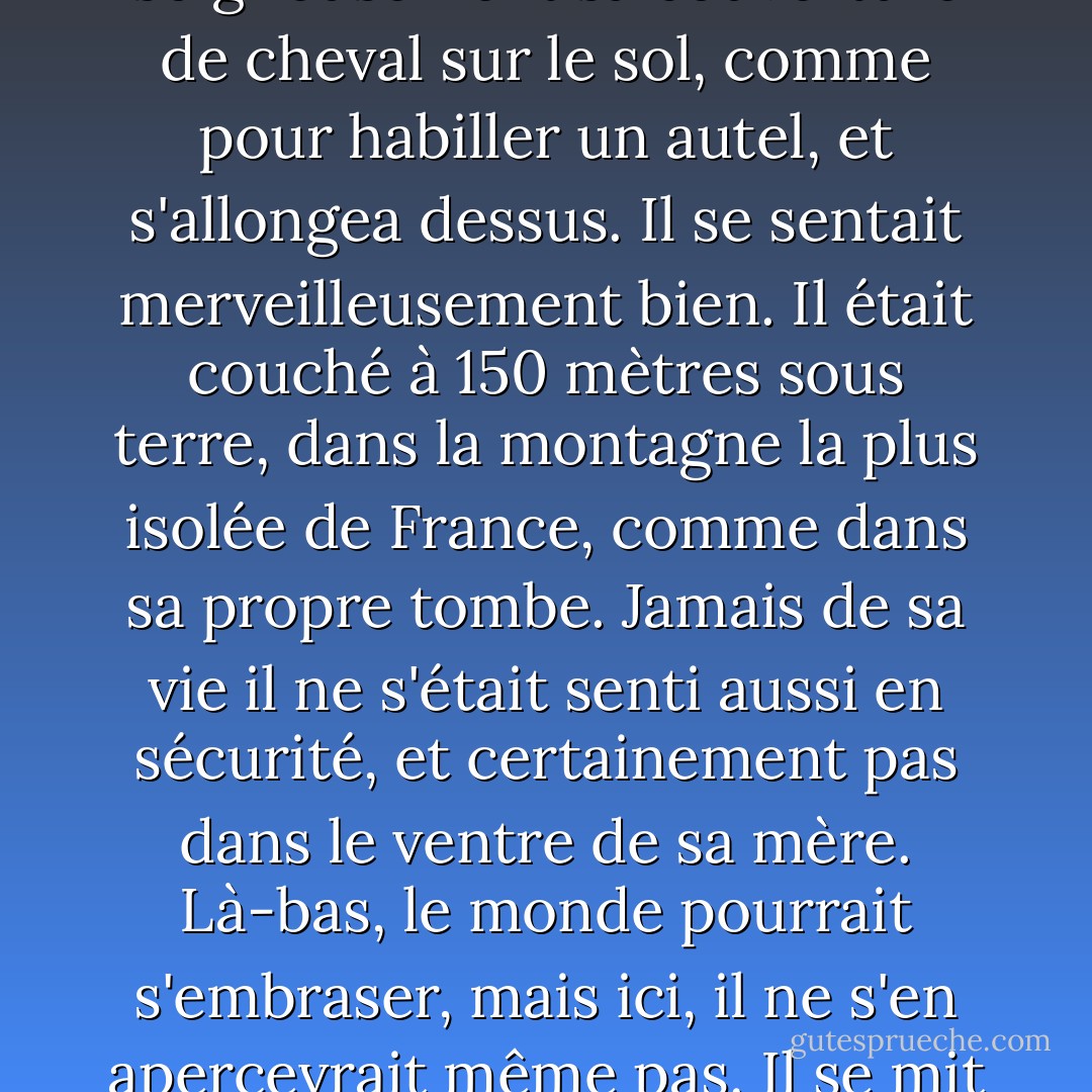 Lorsqu'il en prit possession, il fut envahi par un sentiment qui ressemblait à une crainte sacrée. Il étendit soigneusement sa couverture de cheval sur le sol, comme pour habiller un autel, et s'allongea dessus. Il se sentait merveilleusement bien. Il était couché à 150 mètres sous terre, dans la montagne la plus isolée de France, comme dans sa propre tombe. Jamais de sa vie il ne s'était senti aussi en sécurité, et certainement pas dans le ventre de sa mère. Là-bas, le monde pourrait s'embraser, mais ici, il ne s'en apercevrait même pas. Il se mit même à pleurer doucement. Il ne savait pas qui remercier pour une telle chance. - Patrick Süskind