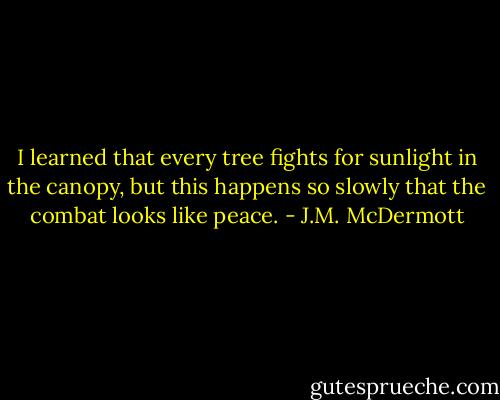 I learned that every tree fights for sunlight in the canopy, but this happens so slowly that the combat looks like peace. - J.M. McDermott