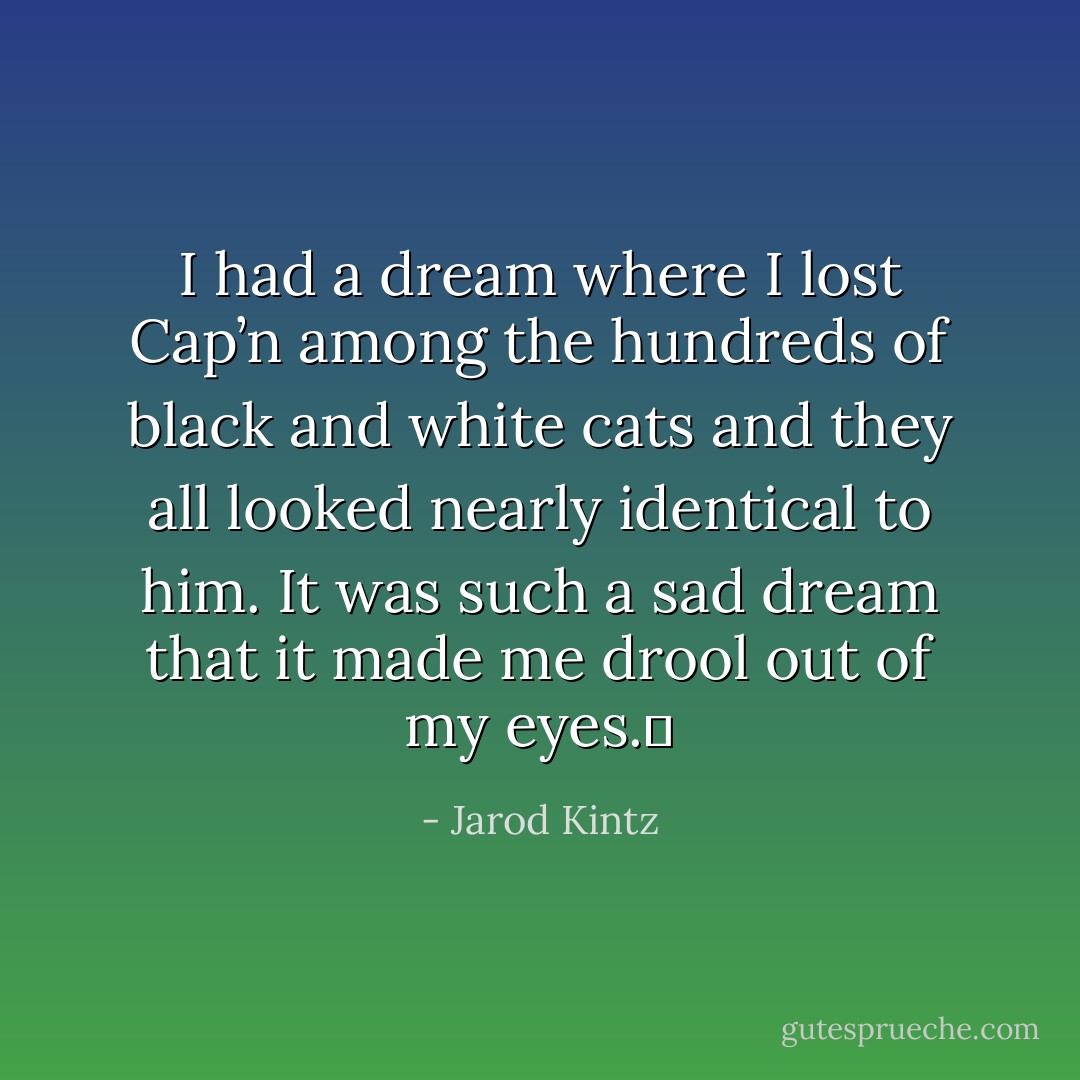 I had a dream where I lost Cap’n among the hundreds of black and white cats and they all looked nearly identical to him. It was such a sad dream that it made me drool out of my eyes.  - Jarod Kintz