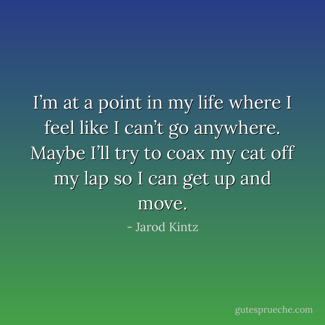 I’m at a point in my life where I feel like I can’t go anywhere. Maybe I’ll try to coax my cat off my lap so I can get up and move. - Jarod Kintz