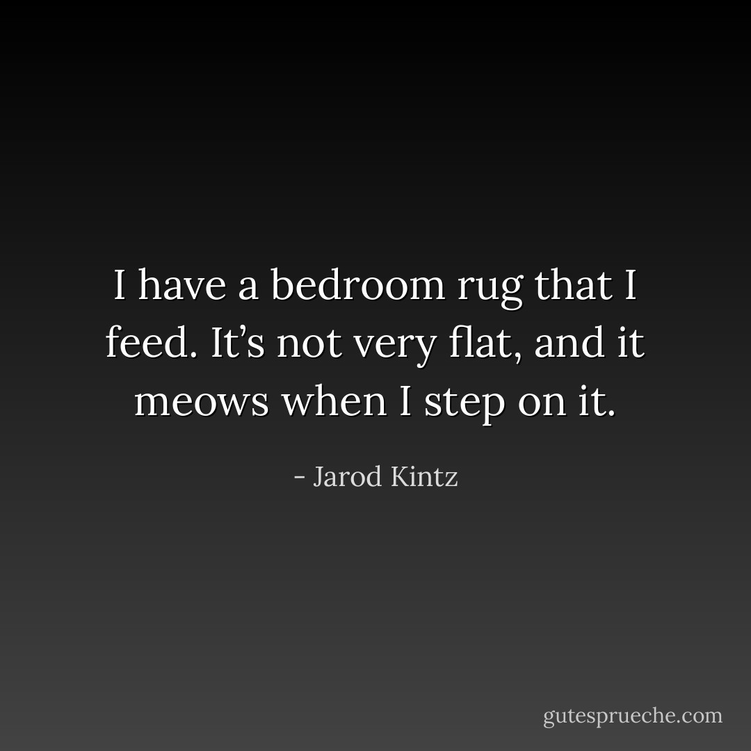 I have a bedroom rug that I feed. It’s not very flat, and it meows when I step on it. - Jarod Kintz