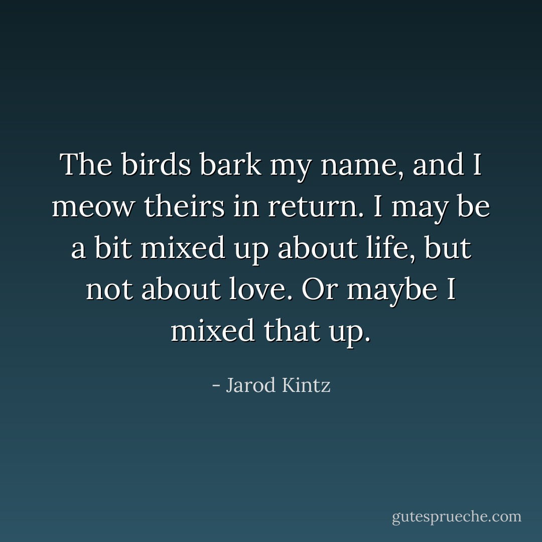 The birds bark my name, and I meow theirs in return. I may be a bit mixed up about life, but not about love. Or maybe I mixed that up. - Jarod Kintz
