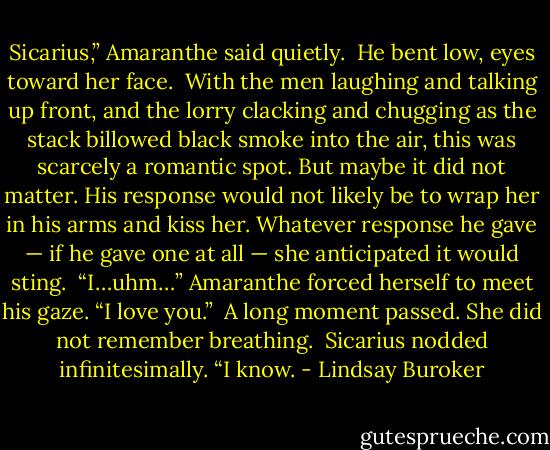 Sicarius,” Amaranthe said quietly.<br /><br />He bent low, eyes toward her face.<br /><br />With the men laughing and talking up front, and the lorry clacking and chugging as the stack billowed black smoke into the air, this was scarcely a romantic spot. But maybe it did not matter. His response would not likely be to wrap her in his arms and kiss her. Whatever response he gave — if he gave one at all — she anticipated it would sting.<br /><br />“I…uhm…” Amaranthe forced herself to meet his gaze. “I love you.”<br /><br />A long moment passed. She did not remember breathing.<br /><br />Sicarius nodded infinitesimally. “I know. - Lindsay Buroker