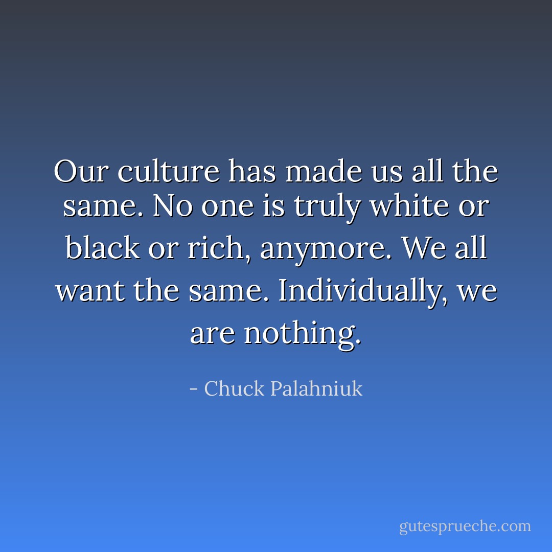 Our culture has made us all the same. No one is truly white or black or rich, anymore. We all want the same. Individually, we are nothing. - Chuck Palahniuk