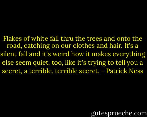Flakes of white fall thru the trees and onto the road, catching on our clothes and hair. It's a silent fall and it's weird how it makes everything else seem quiet, too, like it's trying to tell you a secret, a terrible, terrible secret. - Patrick Ness