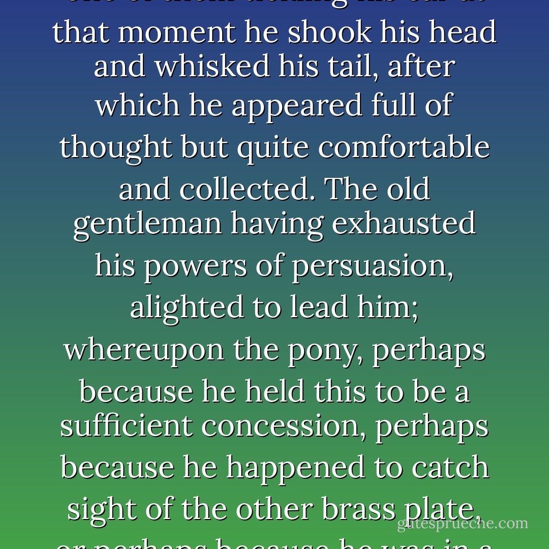 The pony having thoroughly satisfied himself as to the nature and properties of the fireplug, looked into the air after his old enemies the flies, and as there happened to be one of them tickling his ear at that moment he shook his head and whisked his tail, after which he appeared full of thought but quite comfortable and collected. The old gentleman having exhausted his powers of persuasion, alighted to lead him; whereupon the pony, perhaps because he held this to be a sufficient concession, perhaps because he happened to catch sight of the other brass plate, or perhaps because he was in a spiteful humour, darted off with the old lady and stopped at the right house, leaving the old gentleman to come panting on behind - Charles Dickens