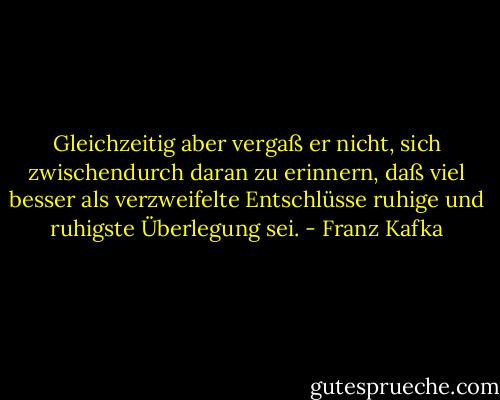 Gleichzeitig aber vergaß er nicht, sich zwischendurch daran zu erinnern, daß viel besser als verzweifelte Entschlüsse ruhige und ruhigste Überlegung sei. - Franz Kafka
