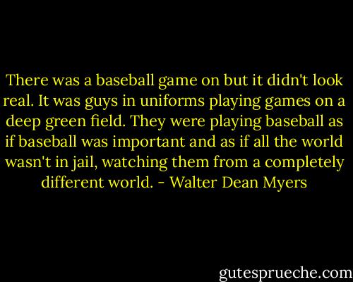 There was a baseball game on but it didn't look real. It was guys in uniforms playing games on a deep green field. They were playing baseball as if baseball was important and as if all the world wasn't in jail, watching them from a completely different world. - Walter Dean Myers