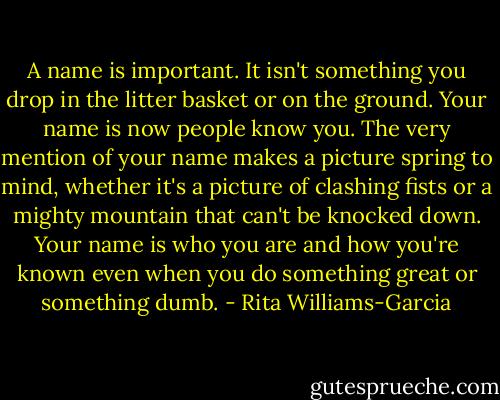 A name is important. It isn't something you drop in the litter basket or on the ground. Your name is now people know you. The very mention of your name makes a picture spring to mind, whether it's a picture of clashing fists or a mighty mountain that can't be knocked down. Your name is who you are and how you're known even when you do something great or something dumb. - Rita Williams-Garcia