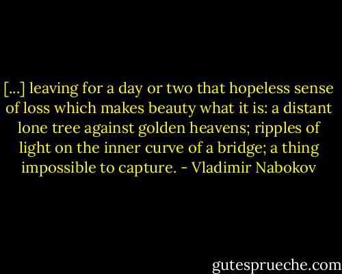 [...] leaving for a day or two that hopeless sense of loss which makes beauty what it is: a distant lone tree against golden heavens; ripples of light on the inner curve of a bridge; a thing impossible to capture. - Vladimir Nabokov