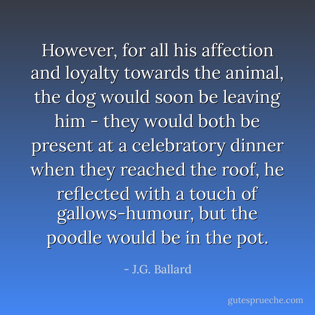 However, for all his affection and loyalty towards the animal, the dog would soon be leaving him - they would both be present at a celebratory dinner when they reached the roof, he reflected with a touch of gallows-humour, but the poodle would be in the pot. - J.G. Ballard