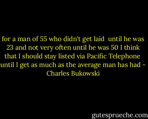 for a man of 55 who didn't get laid <br />until he was 23 and not very often until he was 50 I think that I should stay listed via Pacific Telephone <br />until I get as much as the average man has had - Charles Bukowski