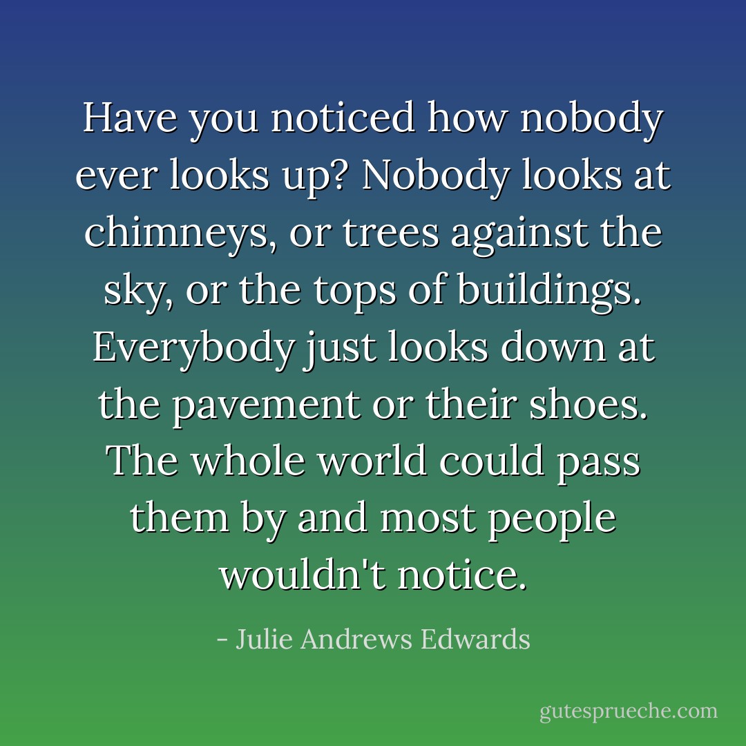 Have you noticed how nobody ever looks up? Nobody looks at chimneys, or trees against the sky, or the tops of buildings. Everybody just looks down at the pavement or their shoes. The whole world could pass them by and most people wouldn't notice. - Julie Andrews Edwards