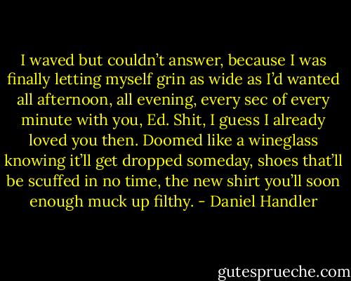 I waved but couldn’t answer, because I was finally letting myself grin as wide as I’d wanted all afternoon, all evening, every sec of every minute with you, Ed. Shit, I guess I already loved you then. Doomed like a wineglass knowing it’ll get dropped someday, shoes that’ll be scuffed in no time, the new shirt you’ll soon enough muck up filthy. - Daniel Handler