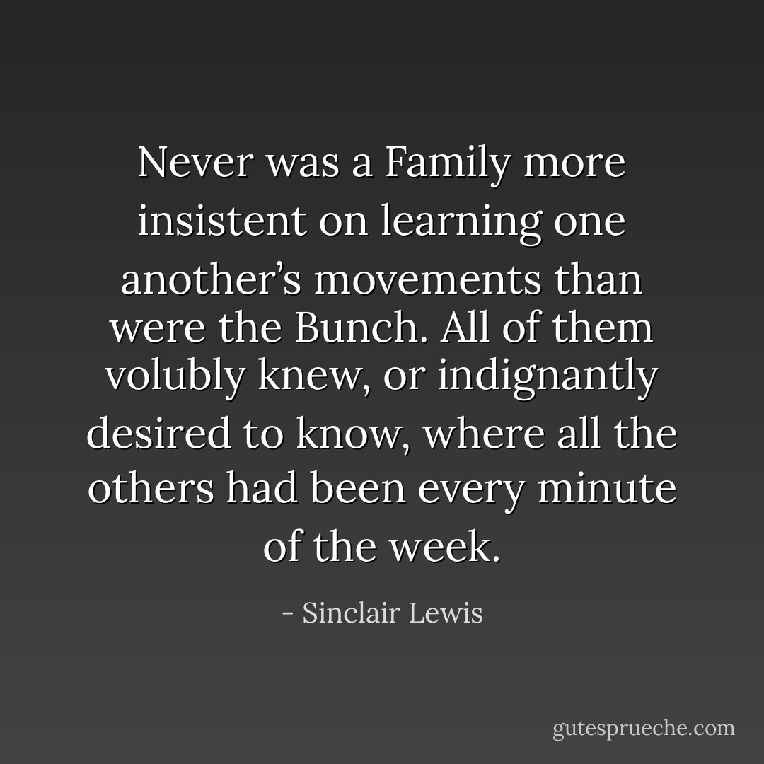 Never was a Family more insistent on learning one another’s movements than were the Bunch. All of them volubly knew, or indignantly desired to know, where all the others had been every minute of the week. - Sinclair Lewis