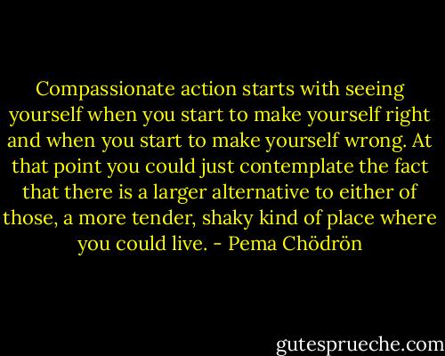 Compassionate action starts with seeing yourself when you start to make yourself right and when you start to make yourself wrong. At that point you could just contemplate the fact that there is a larger alternative to either of those, a more tender, shaky kind of place where you could live. - Pema Chödrön