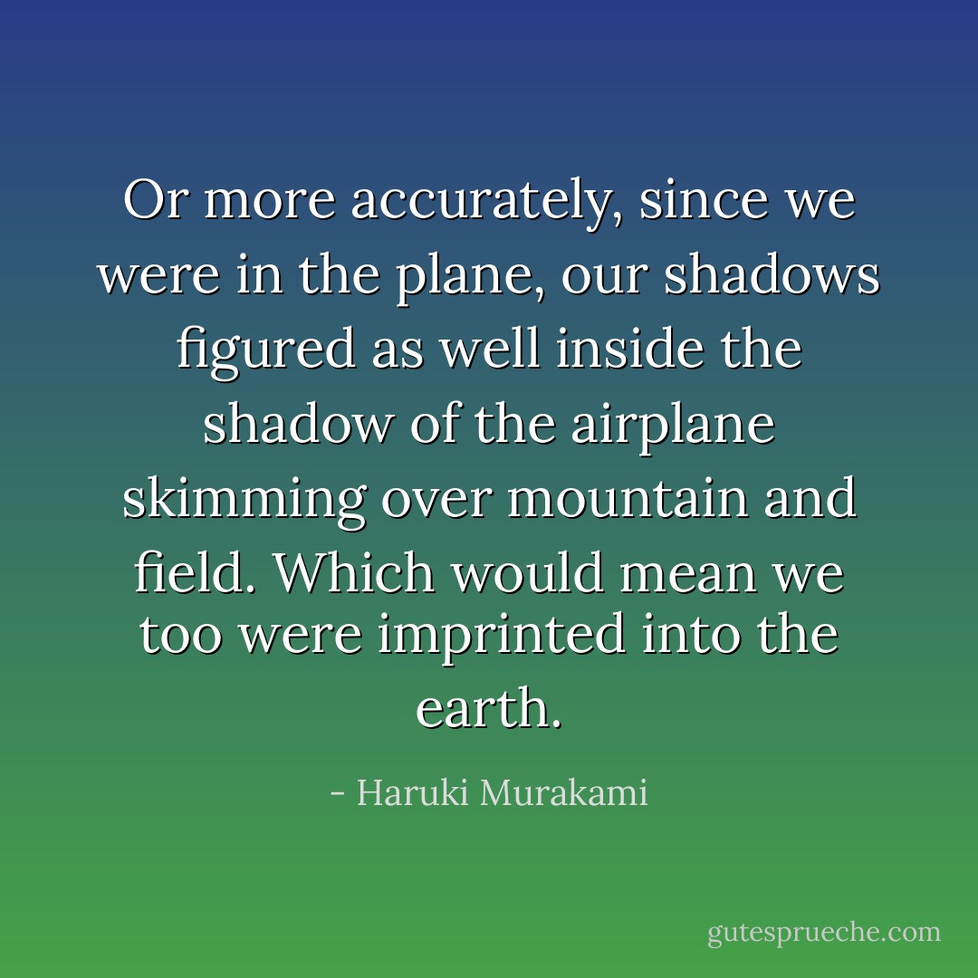 Or more accurately, since we were in the plane, our shadows figured as well inside the shadow of the airplane skimming over mountain and field. Which would mean we too were imprinted into the earth. - Haruki Murakami