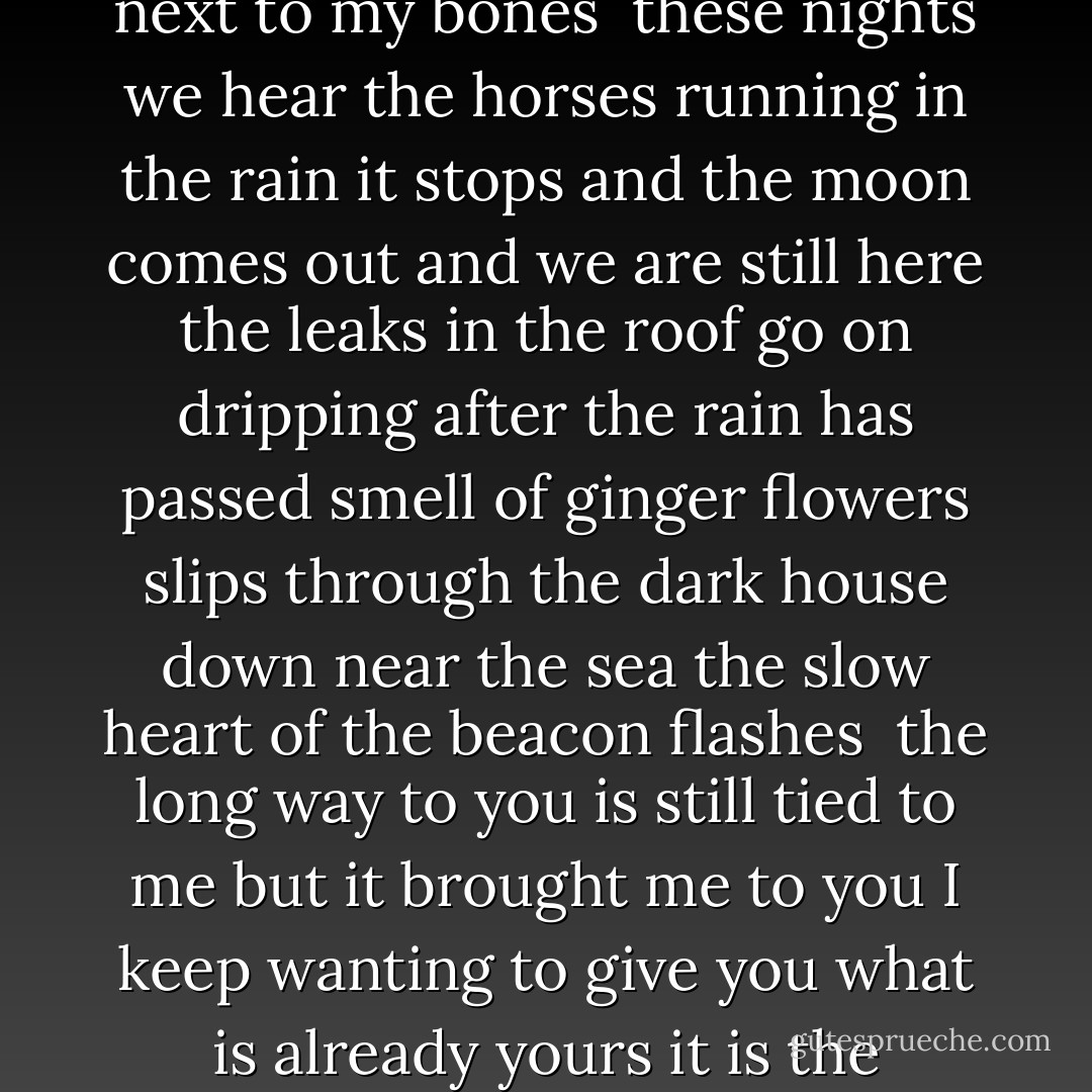 A BIRTHDAY <br /><br />Something continues and I don't know what to call it<br />though the language is full of suggestions<br />in the way of language<br />but they are all anonymous<br />and it's almost your birthday music next to my bones<br /><br />these nights we hear the horses running in the rain<br />it stops and the moon comes out and we are still here<br />the leaks in the roof go on dripping after the rain has passed<br />smell of ginger flowers slips through the dark house<br />down near the sea the slow heart of the beacon flashes<br /><br />the long way to you is still tied to me but it brought me to you<br />I keep wanting to give you what is already yours<br />it is the morning of the mornings together<br />breath of summer oh my found one<br />the sleep in the same current and each waking to you<br /><br />when I open my eyes you are what I wanted to see. - W.S. Merwin