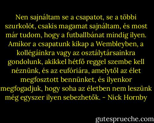 Nen sajnáltam se a csapatot, se a többi szurkolót, csakis magamat sajnáltam, és most már tudom, hogy a futballbánat mindig ilyen. Amikor a csapatunk kikap a Wembleyben, a kollégáinkra vagy az osztálytársainkra gondolunk, akikkel hétfő reggel szembe kell néznünk, és az eufóriára, amelytől az élet megfosztott bennünket, és ilyenkor megfogadjuk, hogy soha az életben nem leszünk még egyszer ilyen sebezhetők. - Nick Hornby