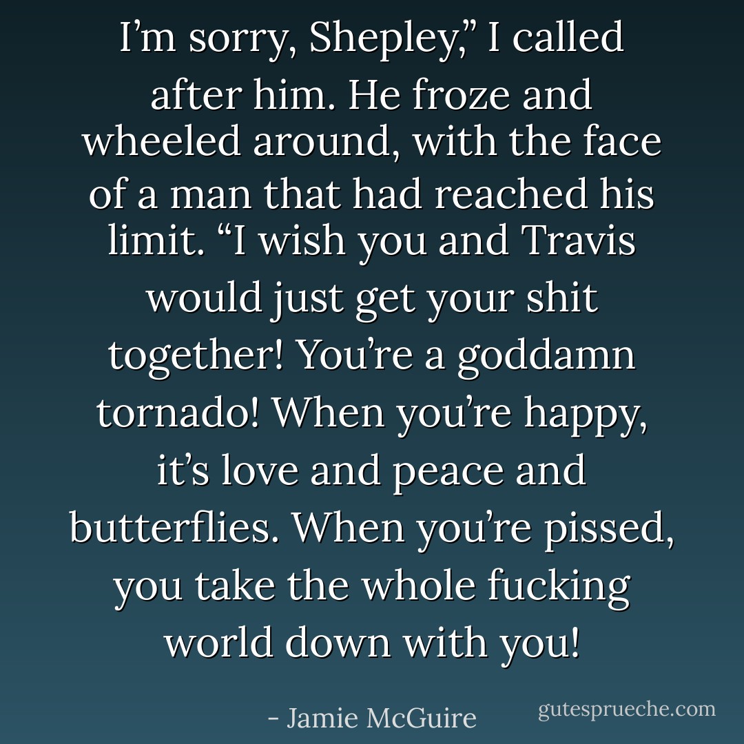 I’m sorry, Shepley,” I called after him.<br />He froze and wheeled around, with the face of a man that had reached his limit. “I wish you and Travis would just get your shit together! You’re a goddamn tornado! When you’re happy, it’s love and peace and butterflies. When you’re pissed, you take the whole fucking world down with you! - Jamie McGuire