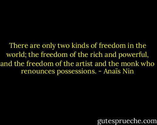 There are only two kinds of freedom in the world; the freedom of the rich and powerful, and the freedom of the artist and the monk who renounces possessions. - Anaïs Nin