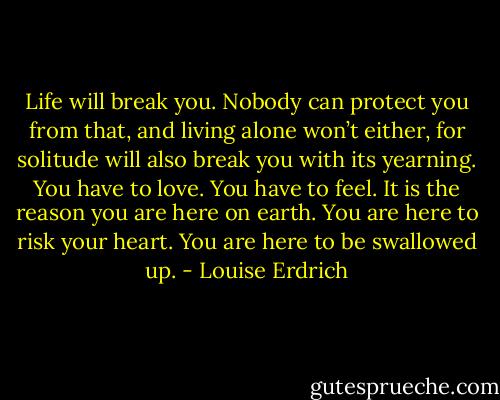 Life will break you. Nobody can protect you from that, and living alone won’t either, for solitude will also break you with its yearning. You have to love. You have to feel. It is the reason you are here on earth. You are here to risk your heart. You are here to be swallowed up. - Louise Erdrich