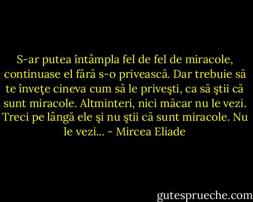 S-ar putea întâmpla fel de fel de miracole, continuase el fără s-o privească. Dar trebuie să te înveţe cineva cum să le priveşti, ca să ştii că sunt miracole. Altminteri, nici măcar nu le vezi. Treci pe lângă ele şi nu ştii că sunt miracole. Nu le vezi... - Mircea Eliade