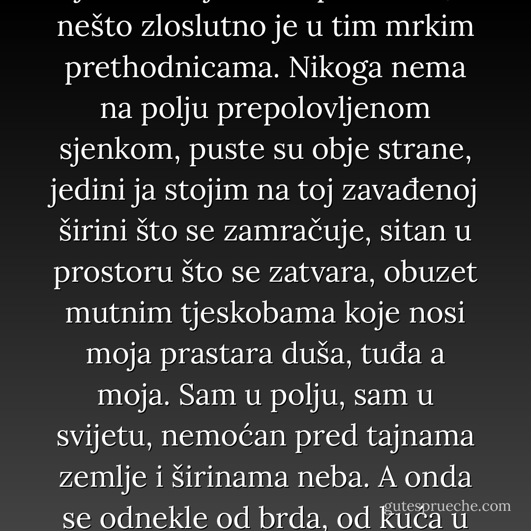 Duga popodnevna sjenka, tmurna duša brda, puzila je poljem, zatamnjujući ga, prešla je i preko mene, opkolila me odasvud, a sunčana strana je bježala od nje, uzmičući prema drugom brdu. Daleko je noć, to je samo njen rani predznak, nešto zloslutno je u tim mrkim prethodnicama. Nikoga nema na polju prepolovljenom sjenkom, puste su obje strane, jedini ja stojim na toj zavađenoj širini što se zamračuje, sitan u prostoru što se zatvara, obuzet mutnim tjeskobama koje nosi moja prastara duša, tuđa a moja. Sam u polju, sam u svijetu, nemoćan pred tajnama zemlje i širinama neba. A onda se odnekle od brda, od kuća u pristranku, začula nečija pjesma, probijala se kroz sunčani prostor polja do moje sjenke, kao da mi je išla u pomoć, i zaista me oslobodila kratke i bezrazložne začaranosti. - Meša Selimović