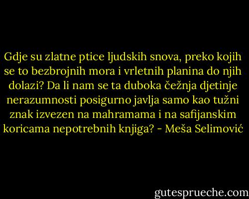 Gdje su zlatne ptice ljudskih snova, preko kojih se to bezbrojnih mora i vrletnih planina do njih dolazi? Da li nam se ta duboka čežnja djetinje nerazumnosti posigurno javlja samo kao tužni znak izvezen na mahramama i na safijanskim koricama nepotrebnih knjiga? - Meša Selimović