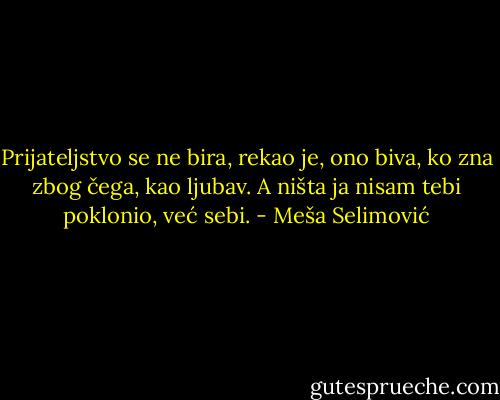 Prijateljstvo se ne bira, rekao je, ono biva, ko zna zbog čega, kao ljubav. A ništa ja nisam tebi poklonio, već sebi. - Meša Selimović
