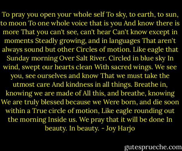 To pray you open your whole self<br />To sky, to earth, to sun, to moon<br />To one whole voice that is you<br />And know there is more<br />That you can't see, can't hear<br />Can't know except in moments<br />Steadly growing, and in languages<br />That aren't always sound but other<br />Circles of motion.<br />Like eagle that Sunday morning<br />Over Salt River. Circled in blue sky<br />In wind, swept our hearts clean<br />With sacred wings.<br />We see you, see ourselves and know<br />That we must take the utmost care<br />And kindness in all things.<br />Breathe in, knowing we are made of<br />All this, and breathe, knowing<br />We are truly blessed because we<br />Were born, and die soon within a<br />True circle of motion,<br />Like eagle rounding out the morning<br />Inside us.<br />We pray that it will be done<br />In beauty.<br />In beauty. - Joy Harjo