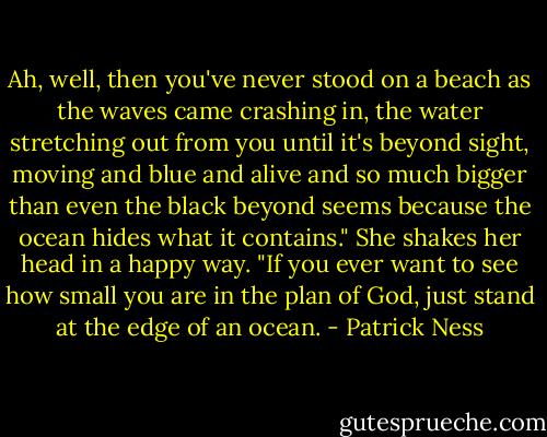 Ah, well, then you've never stood on a beach as the waves came crashing in, the water stretching out from you until it's beyond sight, moving and blue and alive and so much bigger than even the black beyond seems because the ocean hides what it contains." She shakes her head in a happy way. "If you ever want to see how small you are in the plan of God, just stand at the edge of an ocean. - Patrick Ness