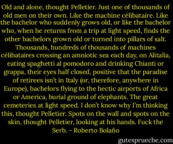Old and alone, thought Pelletier. Just one of thousands of old men on their own. Like the machine célibataire. Like the bachelor who suddenly grows old, or like the bachelor who, when he returns from a trip at light speed, finds the other bachelors grown old or turned into pillars of salt. Thousands, hundreds of thousands of machines célibataires crossing an amniotic sea each day, on Alitalia, eating spaghetti al pomodoro and drinking Chianti or grappa, their eyes half closed, positive that the paradise of retirees isn’t in Italy (or, therefore, anywhere in Europe), bachelors flying to the hectic airports of Africa or America, burial ground of elephants. The great cemeteries at light speed. I don’t know why I’m thinking this, thought Pelletier. Spots on the wall and spots on the skin, thought Pelletier, looking at his hands. Fuck the Serb. - Roberto Bolaño