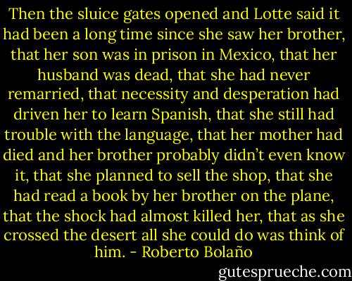 Then the sluice gates opened and Lotte said it had been a long time since she saw her brother, that her son was in prison in Mexico, that her husband was dead, that she had never remarried, that necessity and desperation had driven her to learn Spanish, that she still had trouble with the language, that her mother had died and her brother probably didn’t even know it, that she planned to sell the shop, that she had read a book by her brother on the plane, that the shock had almost killed her, that as she crossed the desert all she could do was think of him. - Roberto Bolaño